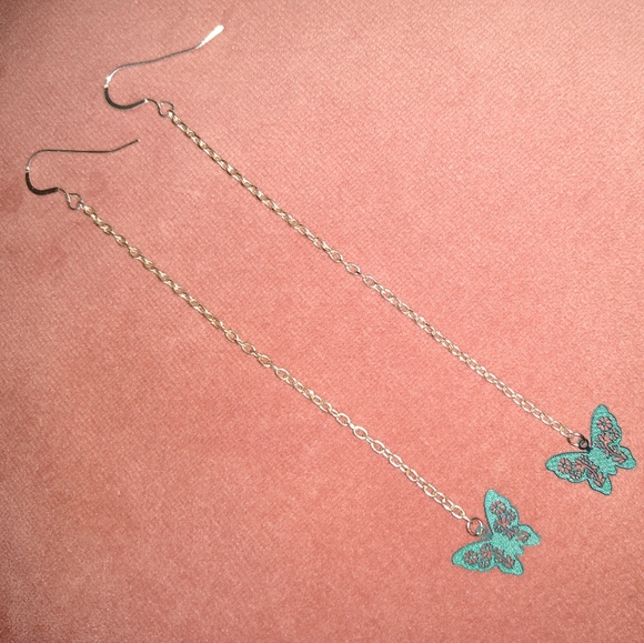 Solid 925 Sterling Silver Hooks Long Chain Blue Handmade Butterfly Earrings New - Picture 4 of 9
